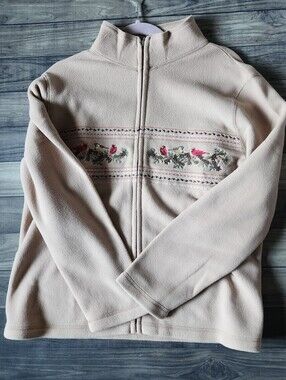 Country Store Beige Fleece Zip Up With Embroidered Cardinals/Birds